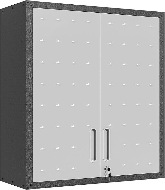 BIZOEIRON Garage Wall Mounted Storage Cabinet with Doors and Shelves, Lockable Metal Wall Cabinet, Hanging Tool Cabinet for Garage Utility Room (Black & Grey)