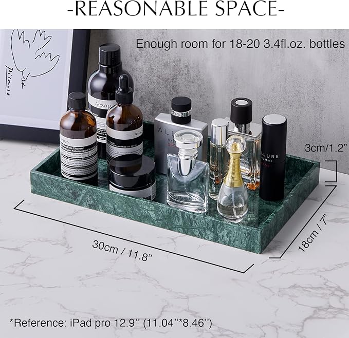 PHINILUX 𝐑𝐞𝐚𝐥 𝐋𝐮𝐱𝐮𝐫𝐢𝐨𝐮𝐬 Marble Vanity Tray (12x7in), Counter Organizer for Bathroom, Kitchen, Dresser, Coffee Table, Serving & Decorative (Dark Green)