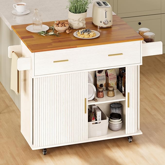 DHH Rolling Kitchen Island with Drop Leaf Countertop&Ample Storage - 39.4" Small Mobile Kitchen Cart On Wheels with Sliding Door,Drawers,Spice Rack & 2-Tier Storage (White)