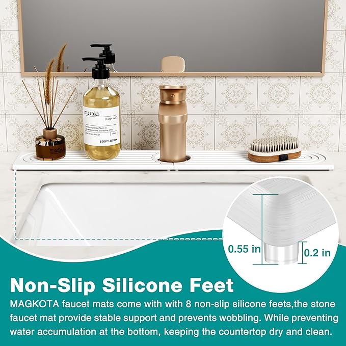 Stone Faucet Mat for Kitchen Sink - Quick Dry Diatomite Sink Splash Guard, Prevents Moisture Buildup & Water Stains, Water Absorbing Stone Tray for Bathroom Countertop (White, 20" x 4")