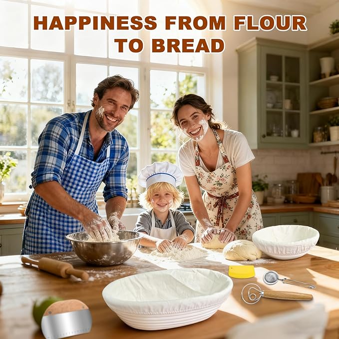 Sourdough Starter Kit,Sourdough Bread Baking Supplies, 9" Round and 10" Oval Banneton Bread Proofing Basket Set with Sourdough Starter Jar, Sourdough Bread Making Tools Kit Gifts for Women Wife Mom