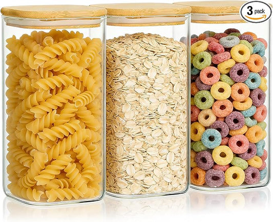 KEYWING 50oz Airtight Glass Storage Containers with Lids Set of 3, Square Glass Jars with Bamboo Lids, Kitchen Pantry Storage Canister for Flour, Sugar, Cereal, Coffee Beans, Pasta, Cookies & Tea