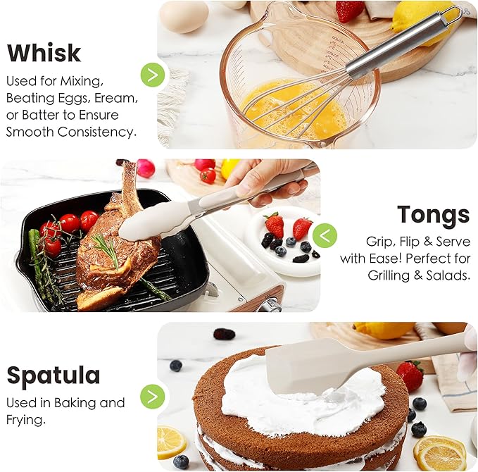 Large Cooking Utensils Set, 35 Pcs Silicone Kitchen Utensils Set with Holder, Stainless Steel Handle Spatula Set, Heat Resistant Food Grade Silicone Kitchen Gadgets for Non-stick Cookware (Khaki)