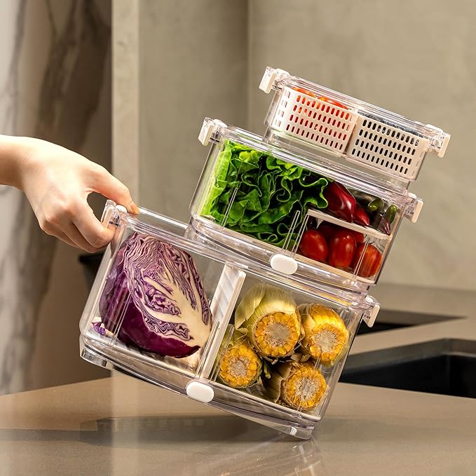 Felli Duo Fresh Produce Saver for Fridge, Fruit Vegetable Container with Vent & Drainage in Bottom for Wash, Colander Strainer Storage Bin for Refrigerator, Berry Lettuce Keeper, Christmas Gifts