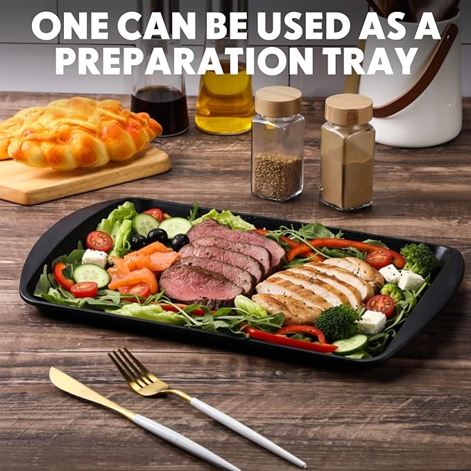 DoubleFill Set of 4 Grilling Prep and Serve Trays, 14x10 Inch Large BBQ Platter for Raw and Cooked Food, Cooking Meat Plastic Grilling Trays, Black and Red Stackable Defrosting Prep and Carry System