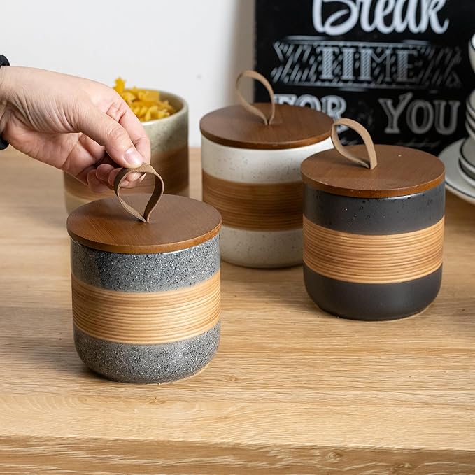 Ceramic Jar with Lid Airtight, Coffee Container Kitchen Food Storage Jars for Spice Sugar Tea Bag, Stackable Decorative Jars for Countertop, Grey & 18 fl.oz
