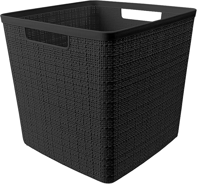 Curver Set of 4 Large Cube 17L Jute Decorative Plastic Organization and Storage Baskets - Perfect Bins for Home Office, Closet Shelves, Kitchen Pantry and All Bedroom Essentials, Black