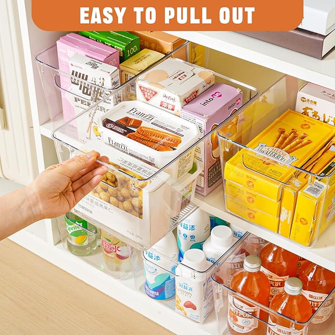 Freebat 12 Pack Large Clear Plastic Storage Bins,Plastic Containers with Handle for Pantry Organizer and Storage,Perfect for Kitchen,Fridge,Cabinet, Closet,Bathroom Under Sink Storage