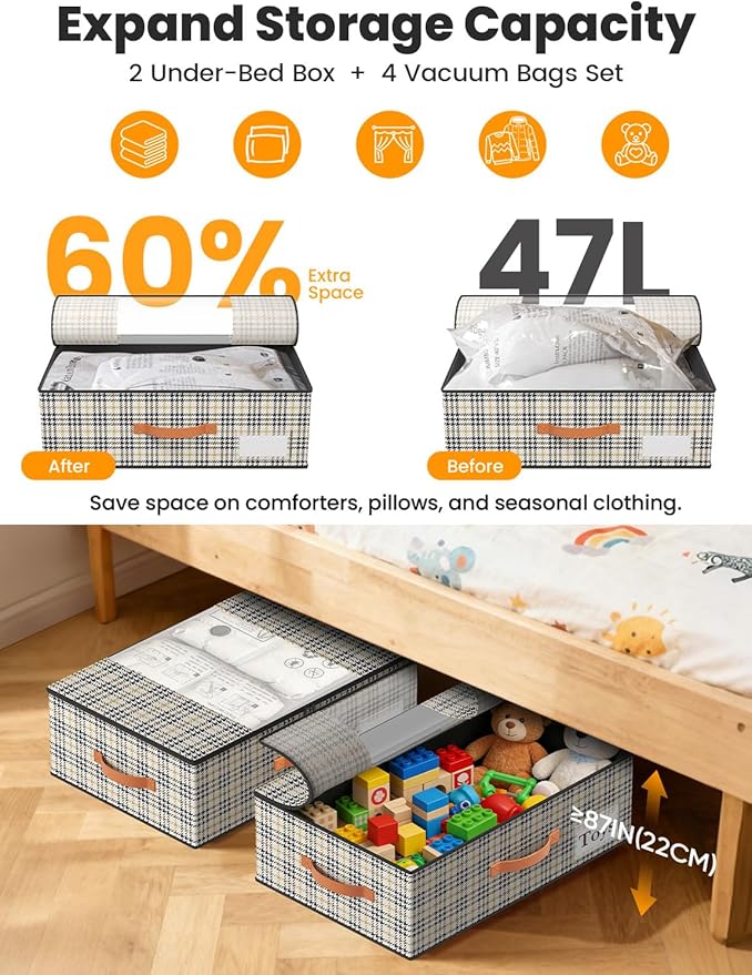 TOSKING Under Bed Storage with Wheels (2 Pack) with 4 Vacuum Bags, 7.9" Height Rolling Underbed Storage Containers, 900D Oxford Heavy Duty Drawer, 80lbs Load Organizer for Clothes, Shoes, Houndstooth
