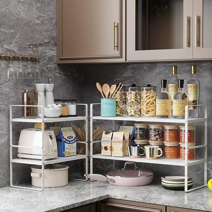 taiheis Hole Pattern Expandable Shelf Organizer,2Pack 8.1" Wide Easy to Assemble Cabinet Organizer Shelf, 16.5~27.1" Adjustable Height&Stackable Spice Organization for Cupboard, White