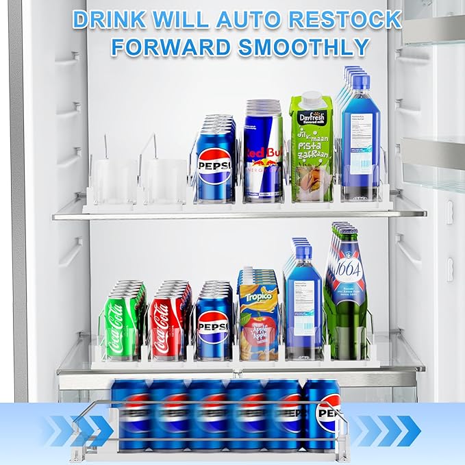 Drink Organizer For Fridge,Soda Drink Dispenser For Fridge,Fridge Can Drink Organizer,12oz 16oz 20oz-Soda Automatic Dispenser For Fridge And Adjustable Width-Holds Up To 30 Cans,6 Rows