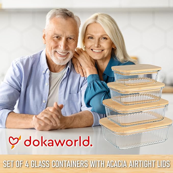 dokaworld Ribbed Glass Tupperware Set with Bamboo Lids - 4 Stackable Meal Prep Containers. Durable heat resistant Inert Borosilicate Glass