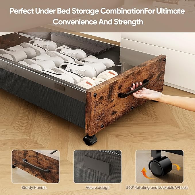 Under Bed Storage with Wheels, Underbed Shoe Storage Containers, Under the Bed Storage Drawers with Lid, Wooden Rolling Blankets Clothes Storage Metal Drawer for Bedroom Dorms Room (Walnut 2pack)