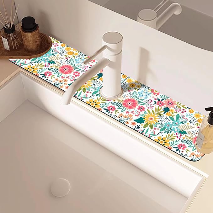 Colorful Floral Leaves Berries Kitchen Sink Splash Guard Mat Absorbent Fast Drying Faucet Draining Mat Behind Faucet Drip Catcher for Kitchen Bathroom 5.5"24