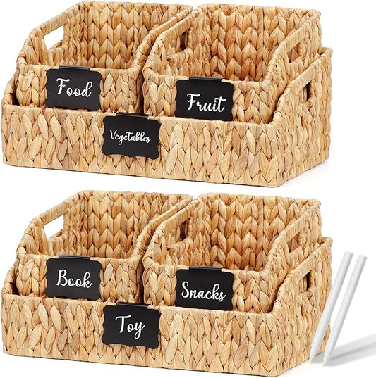 Wicker Baskets for Organizing,Pantry Baskets with Built-in Handles, Handwoven Wicker Storage Basket, Water Hyacinth Storage Bins for Shelves, 3 Pack, Natural 2 Set