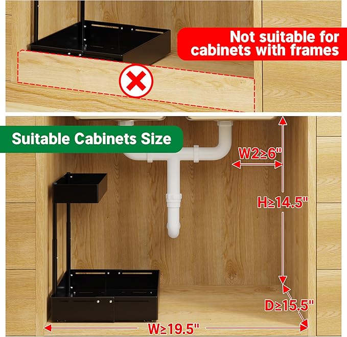 Pull Out Under Sink Organizer 2 Pack, 2 Tier Expandable Under Cabinet Storage with Height Adjustable Design for Kitchen Bathroom Laundry Room