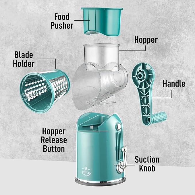 Zulay Kitchen Rotary Cheese Grater 5 Blade Cheese Shredder - Manual Hand Crank Cheese Grater With Reinforced Suction & 5 Interchangeable Drums - Easy to Use, Vegetable Chopper Round Mandoline Slicer