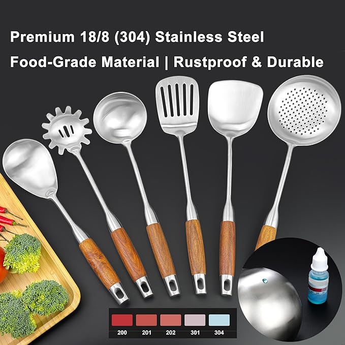 18/10 Stainless Steel Kitchen Utensils Set 6 Pcs Metal Cooking Utensil with Wood Handle, 15.5” Long Spatula, Soup spoon, Leaking shovel, Spaghetti Spoon Kitchen Tools Set (Wood handle - 6 Piece)