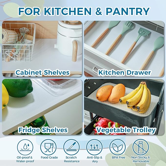 Hersvin Shelf Liners 24 in x 20 ft EVA Drawer Mats, Non-Adhesive Cupboard Protector, Kitchen Cabinet Lining Fridge Liner (White Stripe, 61x610cm)