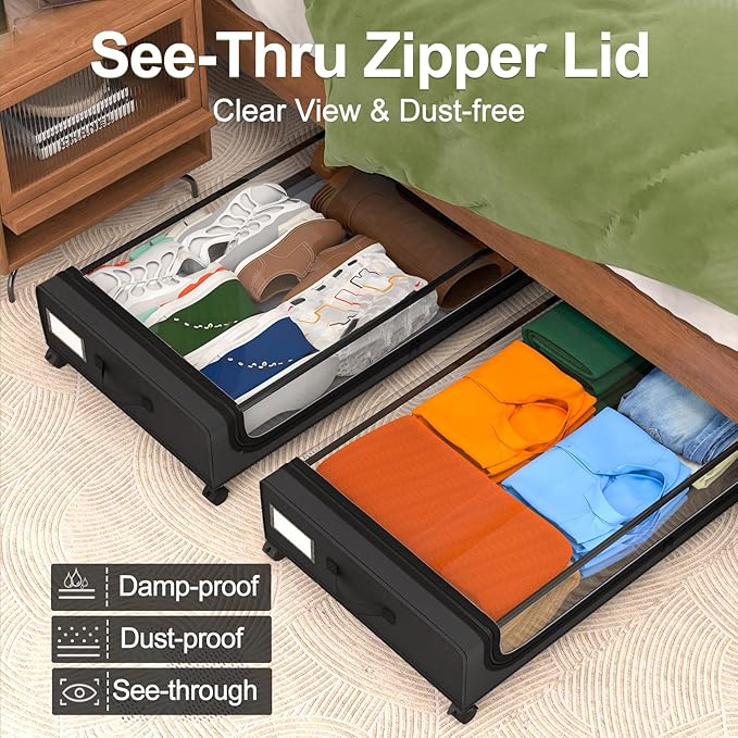 GoMaihe Under Bed Storage with Wheels: XXL Underbed Storage Containers with Clear Lids - Rolling Drawers & Bins for Shoes Clothes in Dorm Bedroom - Space-Saving Easy Pull-out Black 2-Pack