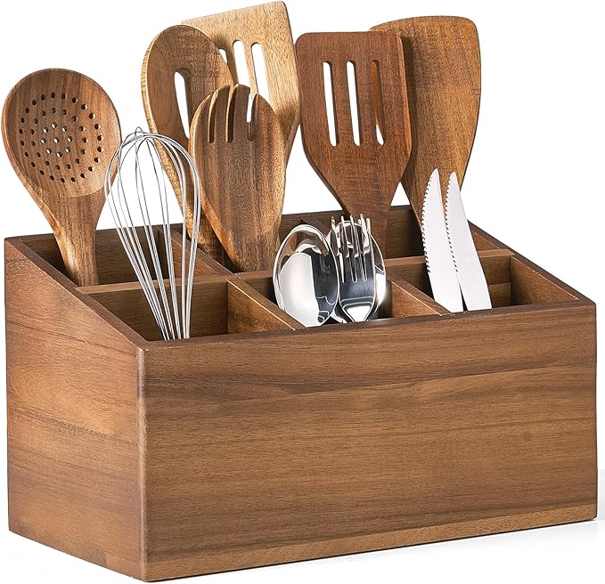 ONEARF Wooden Utensil Holder Counter, Kitchen Utensil Organizer Large 6 Compartment Cooking Utensils Holder, Acacia Rustic Wood Farmhouse Storage Container Crocks for Silverware and Cooker Set