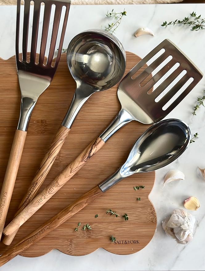Premium Cooking Utensil Set – Salt & York 4-Piece Olive Wood and Stainless Steel Non-toxic Kitchen Tools with Handcrafted Wooden Handles – Spatula, Ladle, Spoon – Gift for Home Cooks, Kitchen Gift