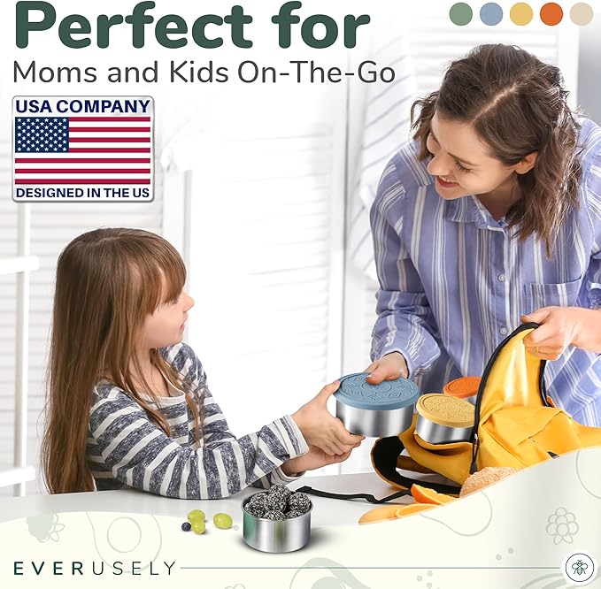 Everusely - Stainless Steel Containers with Lids - Set of 5, Muted Collection - Leakproof Stainless Steel Food Containers - Nesting Snack Holders - Metal Lunch Box - Portable & Reusable Meal Kit