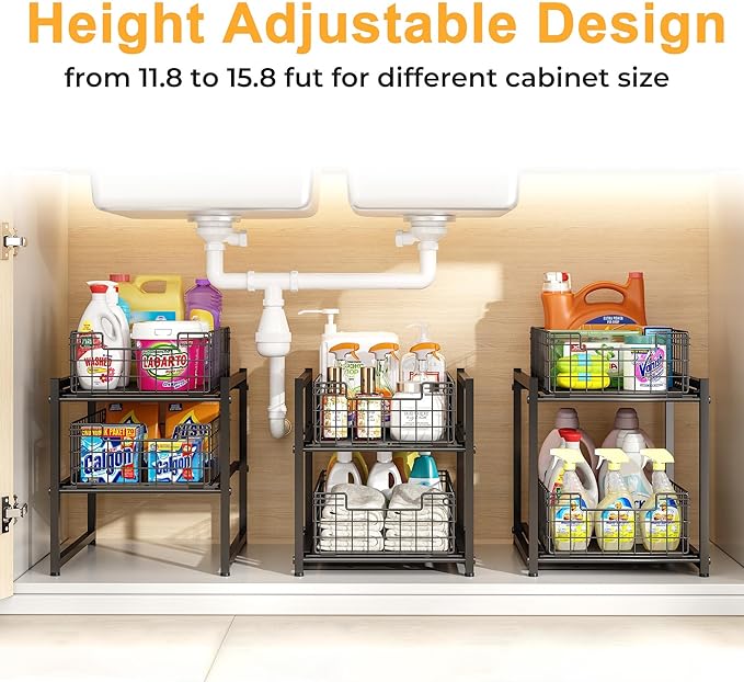 SILUB Under Sink Organizer, 2-Tier Pull Out Cabinet Organizer, Adjustable Height Bathroom Organizer and Storage, Spice Rack for Kitchen, Sliding Drawers Shelves 13.8×11×15.8 Inch (1 Pack)
