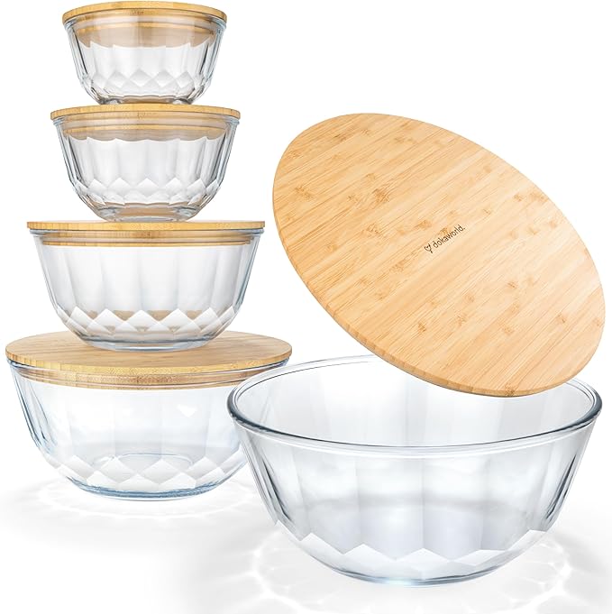 dokaworld Large Stackable Set of 5 Nesting Glass Bowls with Bamboo Lids for Foodprep, Storage, Baking, Sourdough Mixing & Cooking. Microwave & Oven Safe Heat Resistant Inert Borosilicate Glass