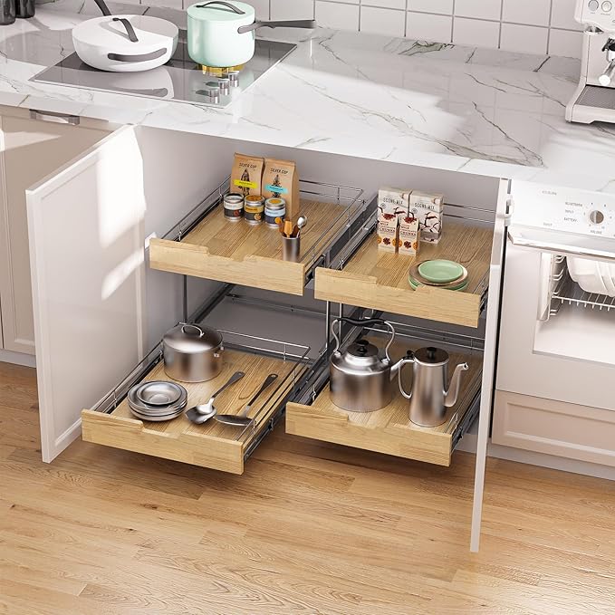Sikarou Pull Out Cabinet Organizer,Heavy-Duty Slide Out Shelf, Wood and Wire Basket, Pull Out Drawer for for Kitchen Under Sink Space, Pantry, Bathroom, 2 Tie 20 * 21 in