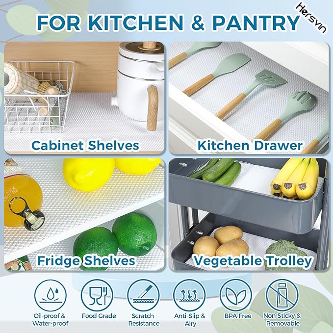 Hersvin Shelf Liners 16 in x 20 ft EVA Drawer Mats, Non-Adhesive Cupboard Pad, Kitchen Cabinet Lining Fridge Cushion (White Dot, 40.7cmx610cm)