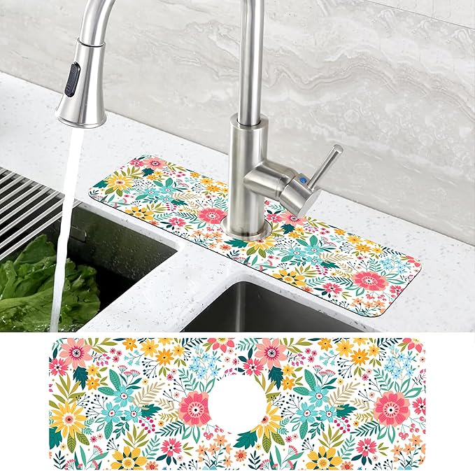 Colorful Floral Leaves Berries Kitchen Sink Splash Guard Mat Absorbent Fast Drying Mat Faucet Draining Mat Sink Splash Guard Behind Faucet Drip Catcher for Kitchen Bathroom 5.5"×15"