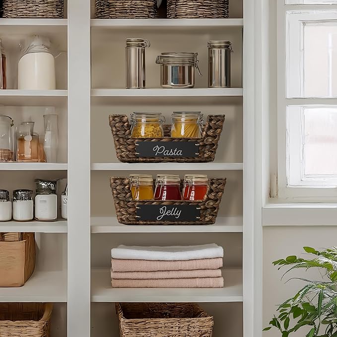 Casafield Set of 2 Water Hyacinth Pantry Baskets with Handles, Chalkboard Labels, and Marker - Espresso, Wide Woven Storage Bin Organizers for Kitchen Shelves