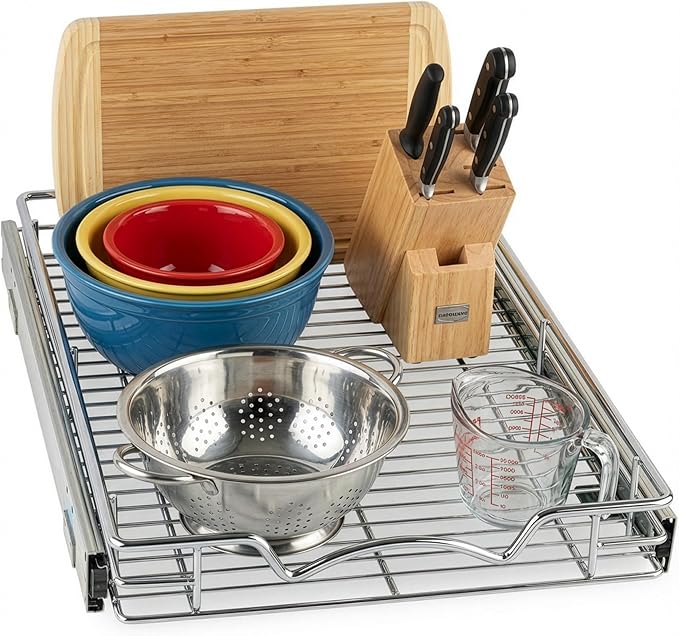 HOLDN’ STORAGE Pull Out Cabinet Organizer - Heavy Duty Steel with Smooth Slide-Out Drawers, Chrome Finish - 14" W x 17" D Basket, Fits 15.25" Cabinet Opening