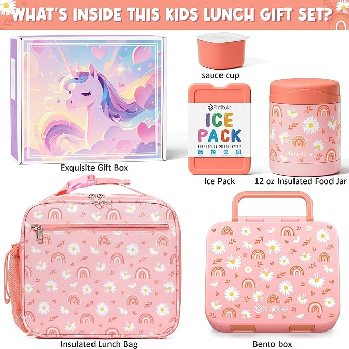 Fimibuke Bento Lunch Box for Kids with Food Jar, 32OZ Snack Lunch Container with 3 Compartments, Insulated Lunch Bag, 12OZ Leakproof Food Jar, Ice Pack Set for Age 3-12 Toddler Teen Girls Boys Daycare