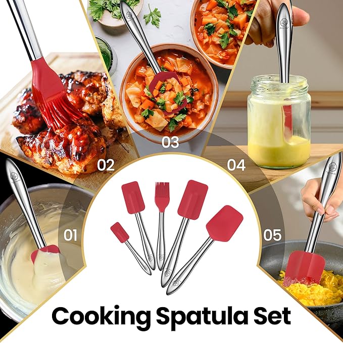 5pcs Silicone Spatula Cooking Utensils Set with Stainless Steel Handles, Premium Heat-Resistant Kitchen Utensils for Baking, Spoonula & Silicone Brush Included, Safe for Nonstick Cookware (Red)