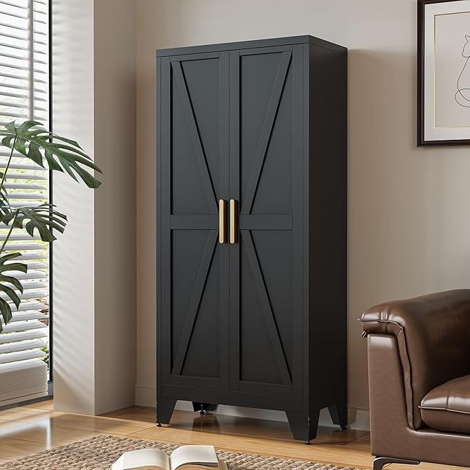 LCAOPC 61" Tall Metal Storage Cabinet with 2 Doors and 3 Adjustable Shelves, 4-Tier Kitchen Pantry Storage Cabinet for Kitchen, Living Room, Dining Room and Office, Black