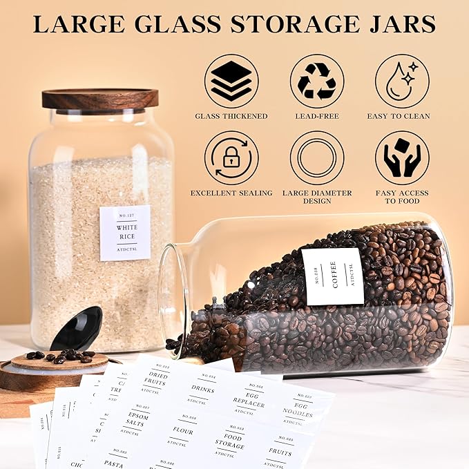 Glass Storage Jars,1PACK 95oz/2800ml Clear Glass Food Storage Containers with Airtight Bamboo Lid Stackable Kitchen Canisters for Candy,Cookie,Rice,Sugar,Flour,Nuts and Spice Jars