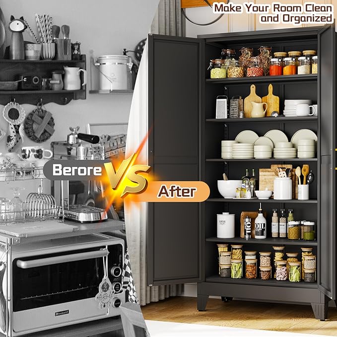 PAOFIN 75" Metal Kitchen Pantry Cabinet,Black Storage Cabinet with Doors and 5 Adjustable Shelves, Cabinet with 2 Metal Handles,Tall Cabinet for Livingroom,Pantry, Bathroom,Kitchen