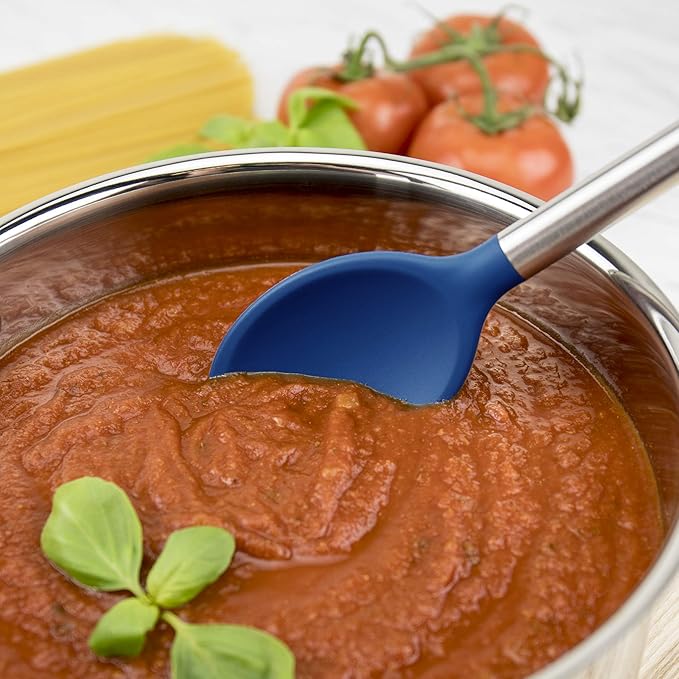 Tovolo Silicone Cooking Utensil Set of 6 Deep Indigo Ladle Slotted Turner Tongs Flex Core Spatula Scraper Mixing Spoon and Potato Masher, Dishwasher Safe Non Toxic BPA Free Silicone Kitchen Utensils