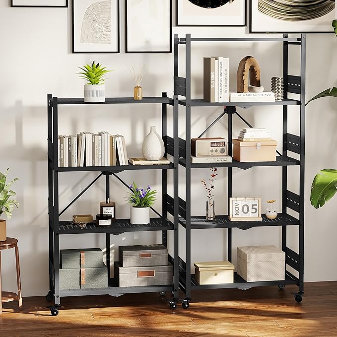 WORKPRO 4-Tier Folding Shelf, No-Assembly Metal Storage Rack with Wheels, 600 lbs Capacity (with Leveling Feet), Collapsible Shelving Unit for Kitchen, Pantry, Bathroom & Closet Organization