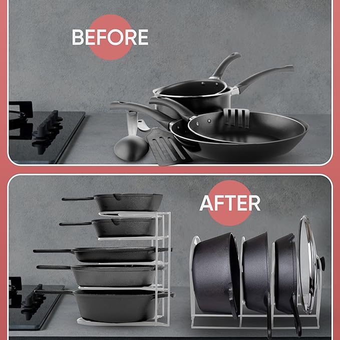Heavy-Duty Pots and Pans Organizer | 5-Tier Cookware & Lid Storage Rack | Free-Standing or Wall-Mount | Kitchen Organizer for Cast Iron Skillets, Pots, Frying Pans, Lids | White