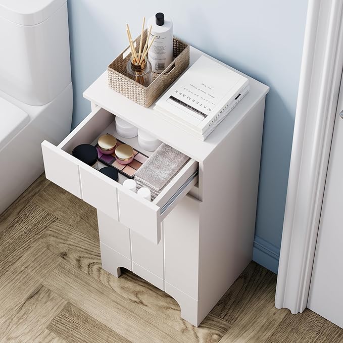 VANIRROR Small Bathroom Cabinet with Adjustable Shelves, Drawer, Anti-Tip Design, 14.96" L x 11.81" W x 32.09" H, Durable MDF for Bathroom, Kitchen, Laundry, Soft-Close Door