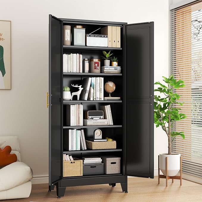erosoei 75.2”H Metal Kitchen Pantry Storage Cabinet, Storage Cabinets with Adjustable Feet and Shelves,Food Pantries Cupboard for Kitchen, Living Room, Laundry Room and Dinning Room（Black）