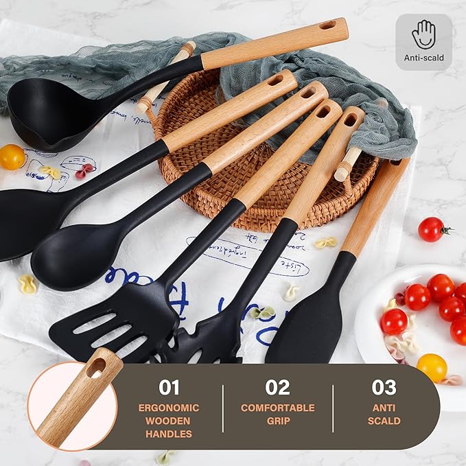 Hvygss Silicone Cooking Utensils Set, Heat Resistance Large Kitchen Utensils Set with Long Wooden Handle, BPA-free Silicone Spatula, 6 Pcs Cooking Spoons for Non Stick Frying Pans and Pots（Black）