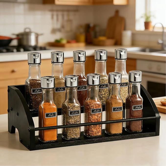 HRUSGO Countertop Spice Rack – Wooden Display Shelf for Kitchen, Coffee Bar, or Home Storage, Compact Stand for Jars, Syrups, Condiments & Bottles (2-Tier)