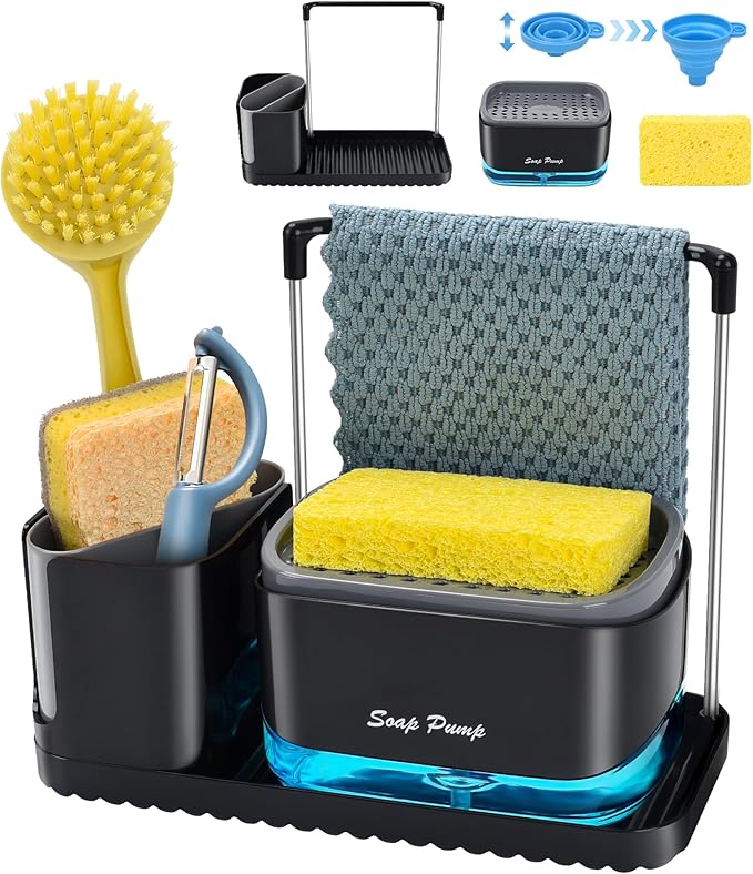 Bestseek Kitchen Soap Dispenser Set with Tray and Sponge Holder, Sink Caddy Organizer with Dishcloth and Dish Brush Holder, for Countertop Storage Organize - Practical Kitchen Gadgets