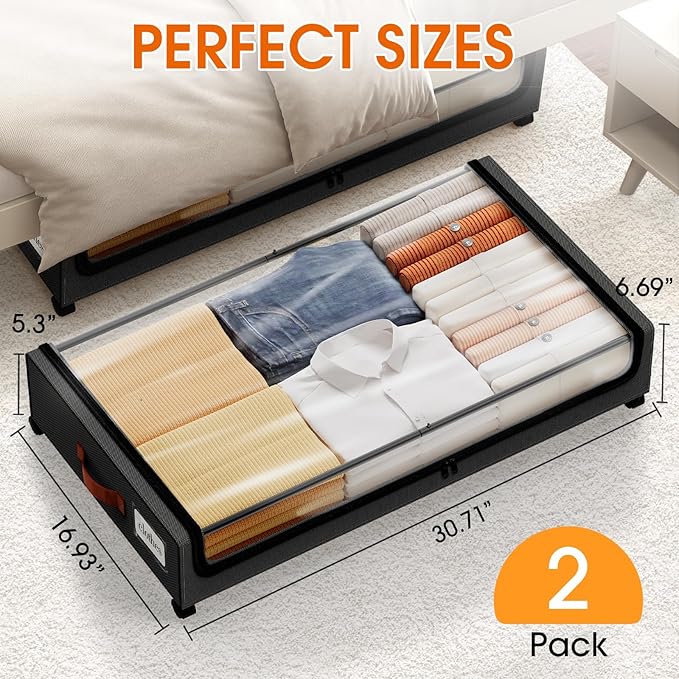 Under Bed Storage with Wheels 2Pack Storage Containers with Clear Window&Label Under Bed Drawers Rolling Under Bed Storage for Clothes,Shoes, Blankets (30.71 x 16.93 x 6.69 in, Black)