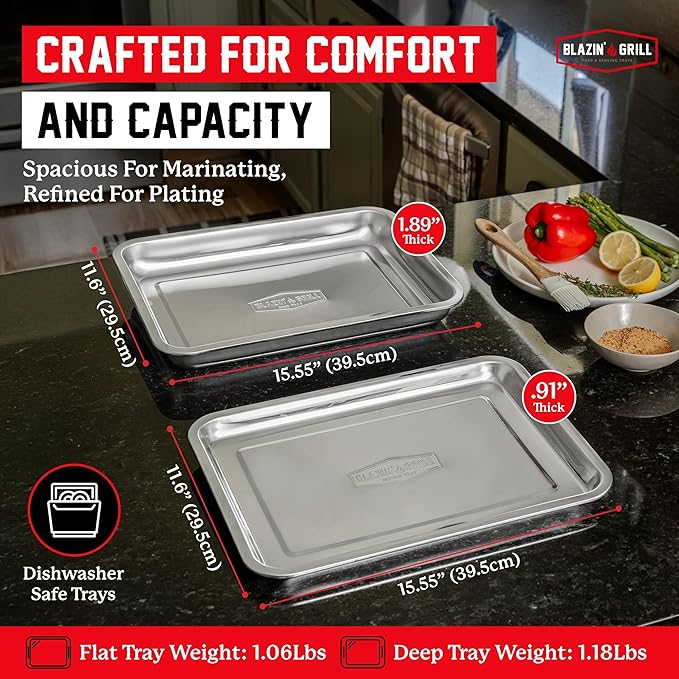 BLAZIN' GRILL Prep and Serving Trays | Set of 2 Stackable Stainless Steel Trays | Trays for Marinating, Serving & Chopping | Serving Platter for Plating Food & BBQ Prep Tub | Grilling Accessories