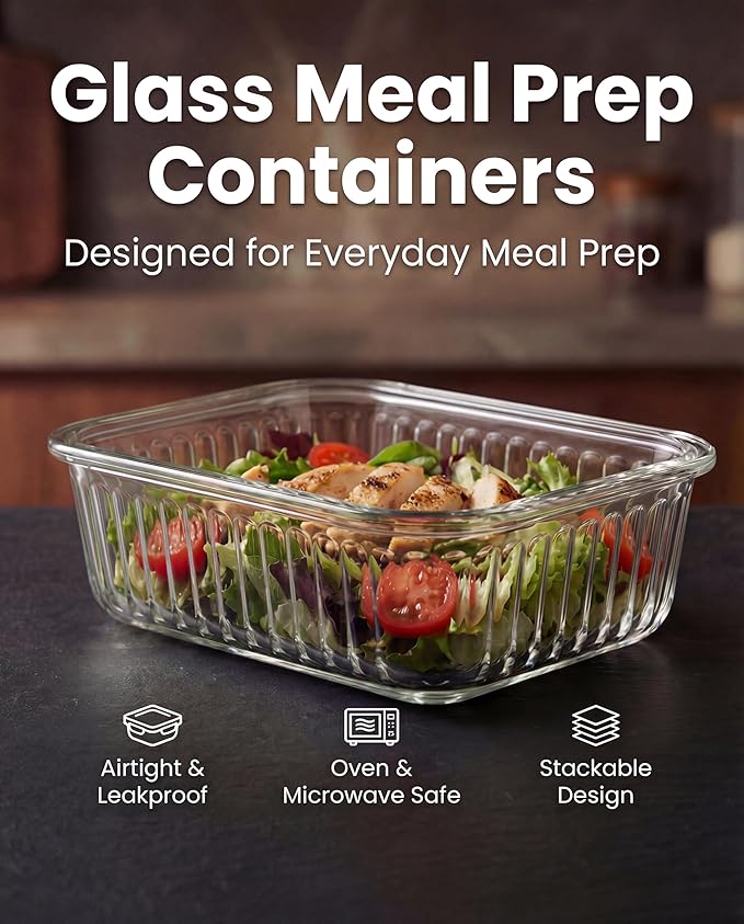 5-Packs, 36 Oz Glass Meal Prep Containers with Snap Locking Lids Glass Food Containers,Airtight Lunch Container,Microwave, Oven, Freezer and Dishwasher
